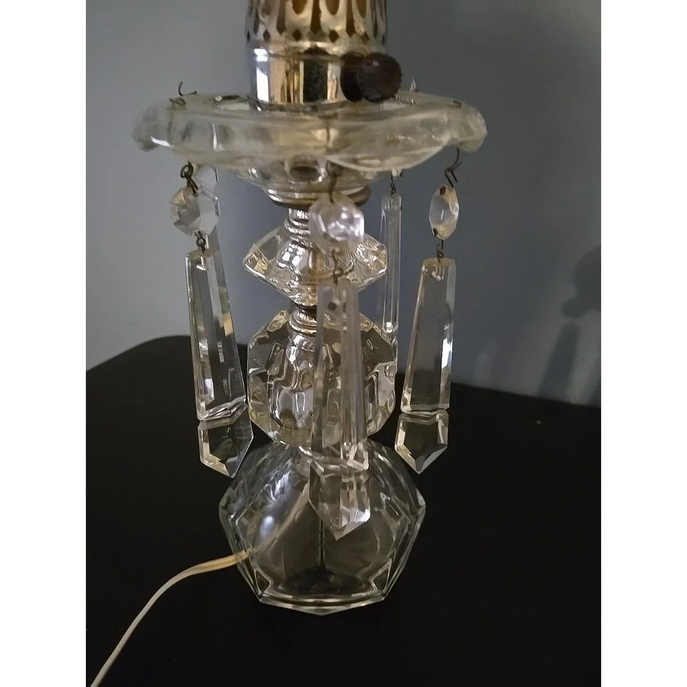 Pair of Etched Glass Boudoir Mantle Crystal Prisms Hurricane Table Lamps